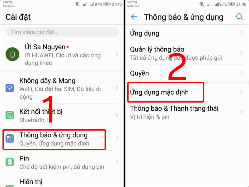 Nhấn chọn ứng dụng mặc định